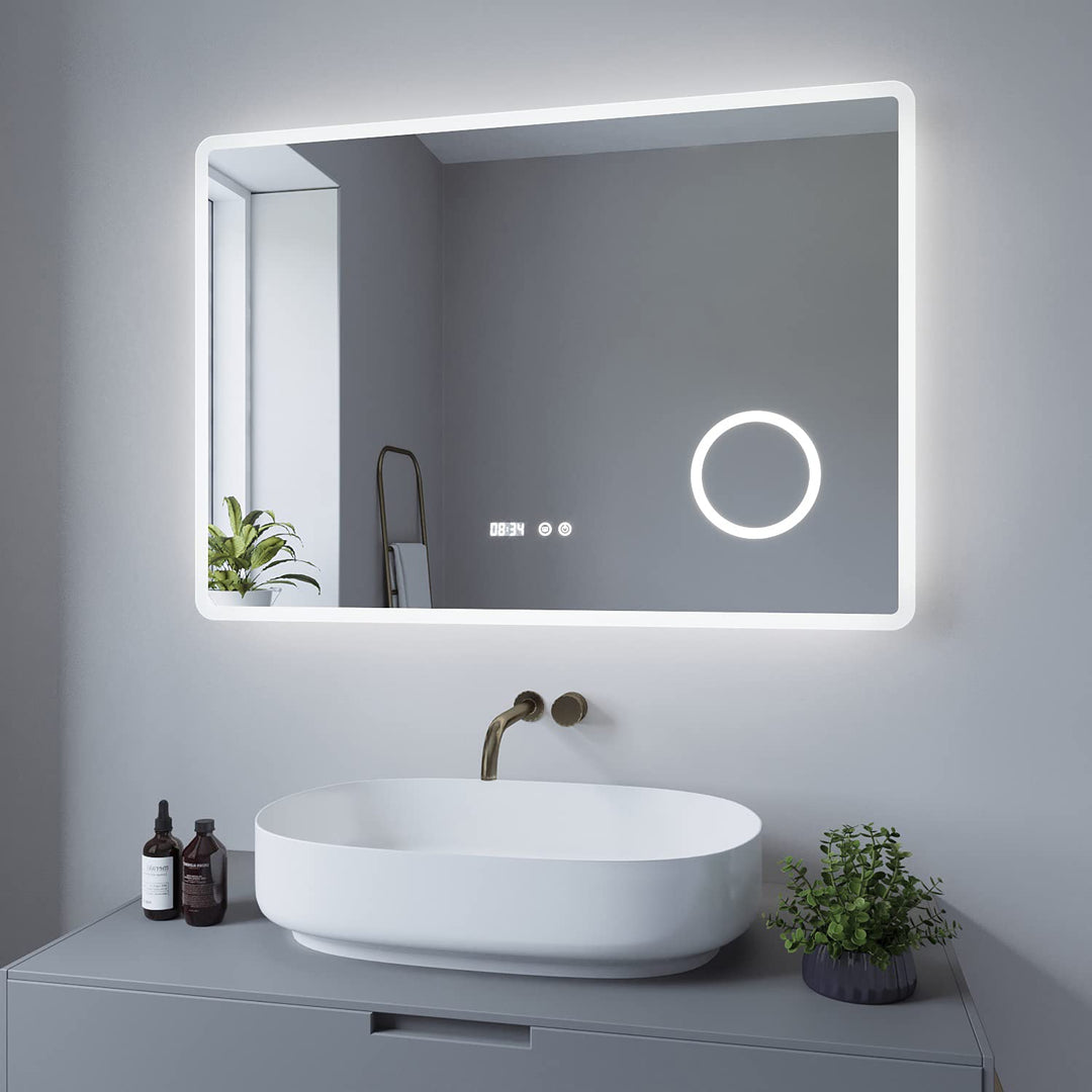 AQUABATOS Badspiegel mit Beleuchtung 100x70 cm Uhr Schminkspiegel LED Badezimmerspiegel Licht beleuc
