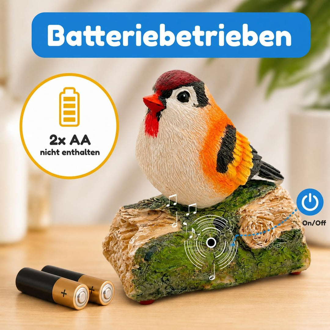 MIJOMA Dekovogel mit Vogelgezwitscher & Bewegungsmelder – Zwitschernder Vogel auf AST, Handbemalt, 1