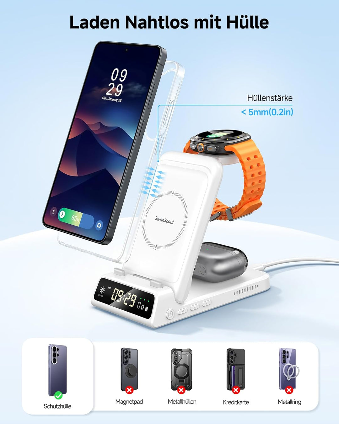 Induktive Ladestation für Samsung S26 Ultra, 3 in 1 Wireless Charger für Samsung S26/S25/S24/S23, La
