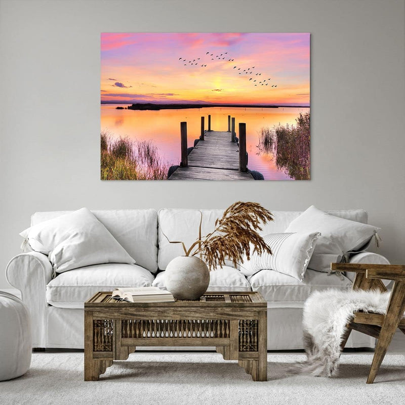 Bilder auf Leinwand 100x70cm Leinwandbild Fussgängerbrücke Sommer Menschen Liebe Gross Wanddeko Bild