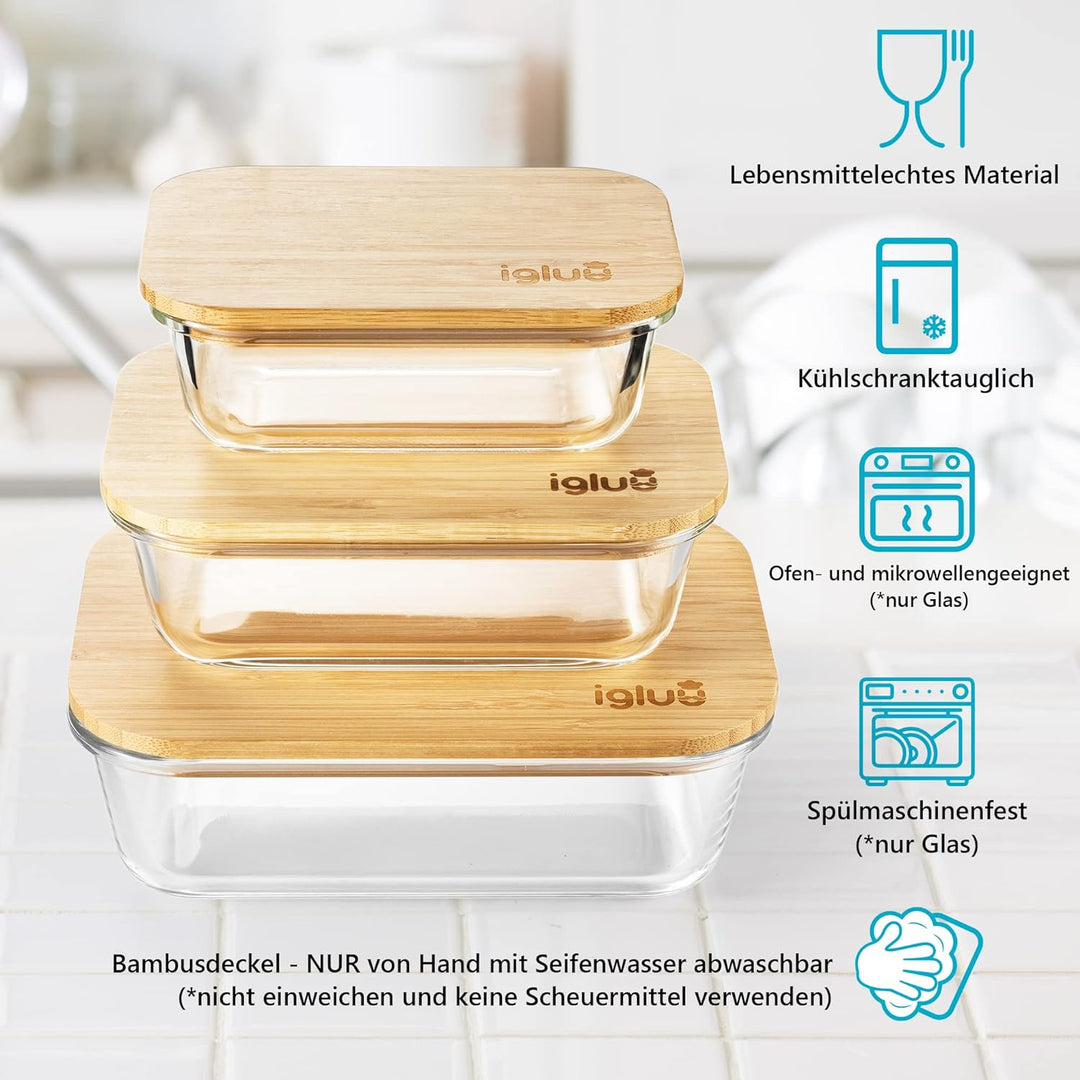 Igluu Meal Prep Glas Lebensmittel Frischhaltedosen (3er Set), Umweltfreundliche Lebensmittelbehälter