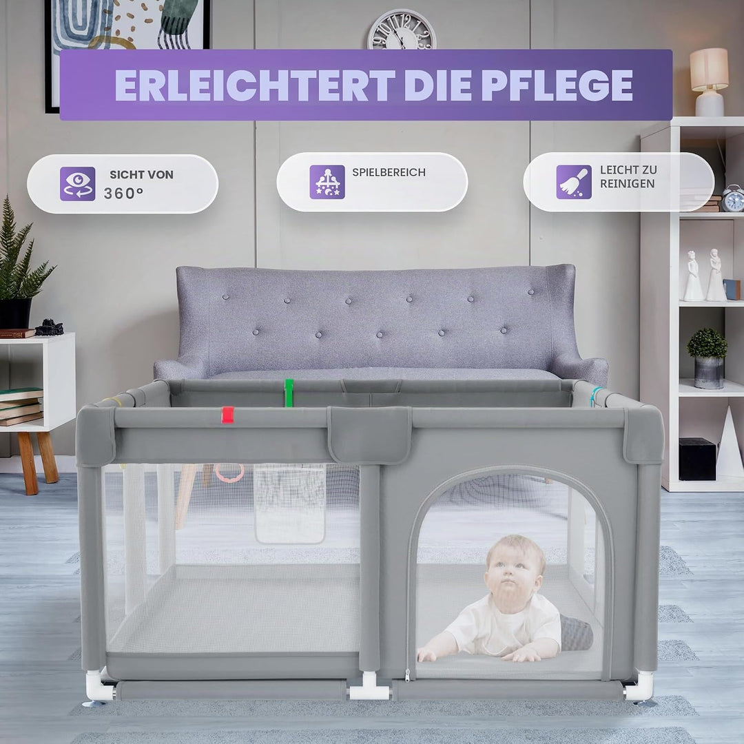 JUPPLIES Laufstall Baby 120×120 cm – Laufgitter mit seitlicher Tür &amp; atmungsaktivem Netz, rutschfest