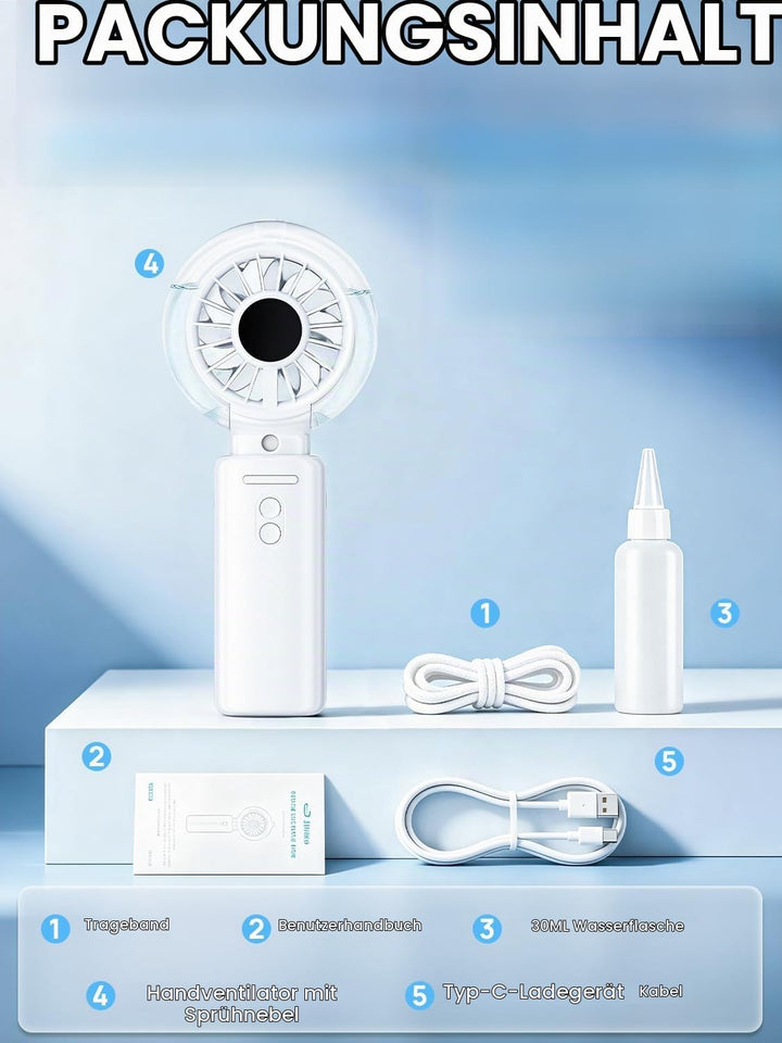 Handventilator Akku Aufladbar mit Wasserkühlung - Tragbarer Mini Ventilator | 100 Stufen 6000mAh Akk