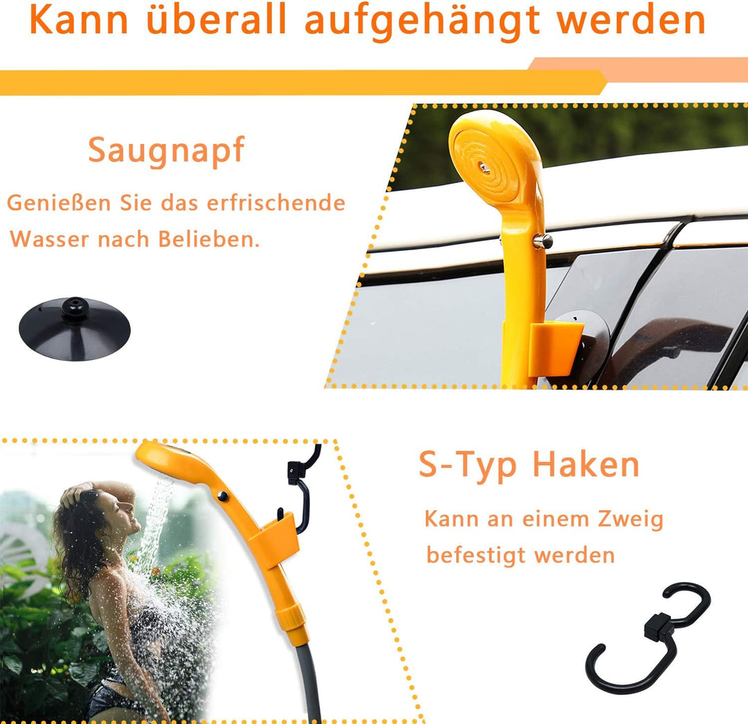 Froadp 12V Campingdusche mit Tauchpumpe, Tragbare Gartendusche inkl. 2m Schlauch und 5m Stromkabel,