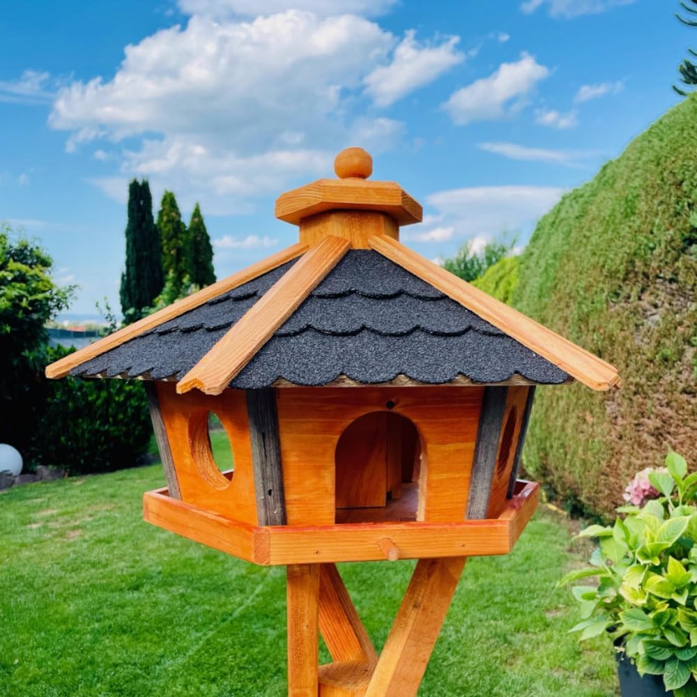 Vogel Futter Haus L oder XL Sechseck Holz Vogelhaus Futterstelle Braun/Blau, Rot, Schwarz und Grün (