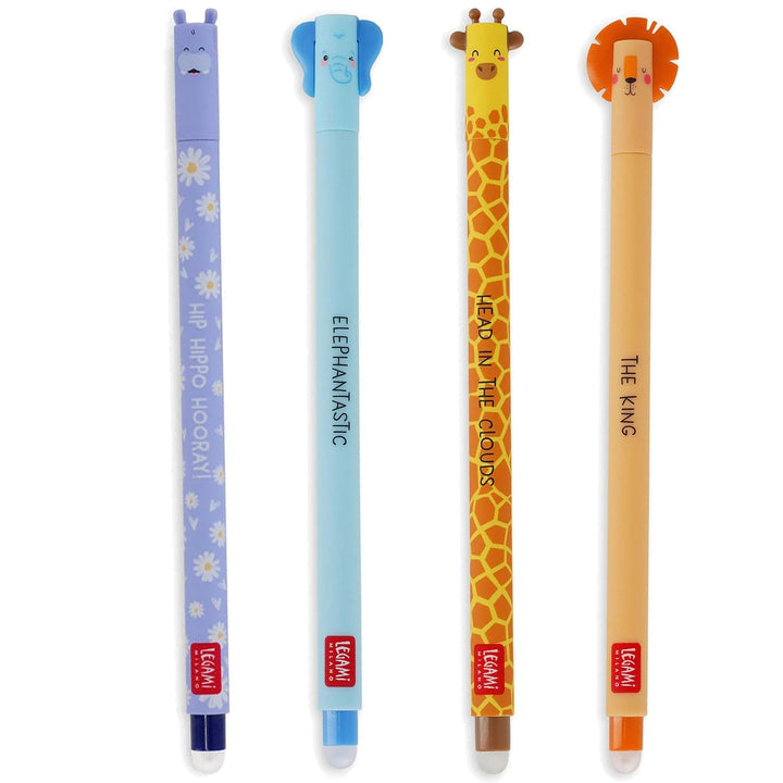 LEGAMI - 4er Set Gel-Radierstifte, Wildlife, Stifte mit radierbarer Tinte, Hippo, Elefant, Giraffe u
