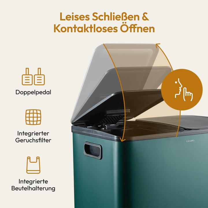 CASABEL Mülleimer Küche Mülltrennung 60L – 2x30L Doppelkammer mit Pedal, Edelstahl Dunkelgrün, Abfal