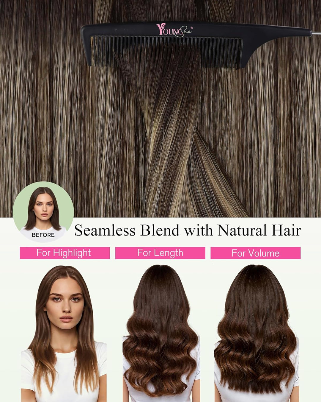 YoungSee Tape in Extensions Echthaar Ombre Echthaar Extensions Tape 50cm Dunkelbraun Balayage Blond