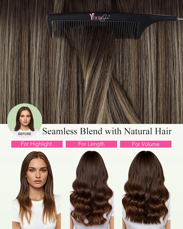 YoungSee Tape in Extensions Echthaar Ombre Echthaar Extensions Tape 50cm Dunkelbraun Balayage Blond