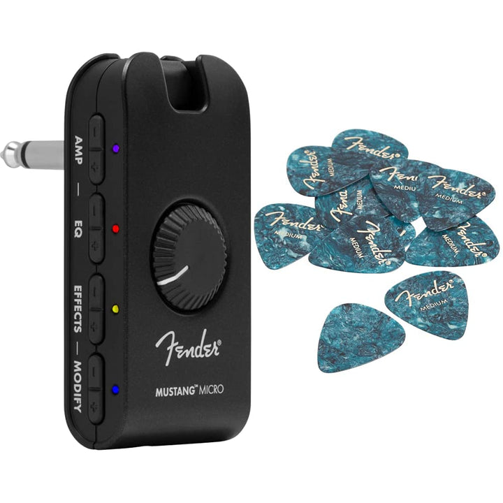 Fender Mustang Mikro-Verstärker, Schwarz, 2311300000 &amp; 351 Shape Premium Plektren (12 Stück) für E-G