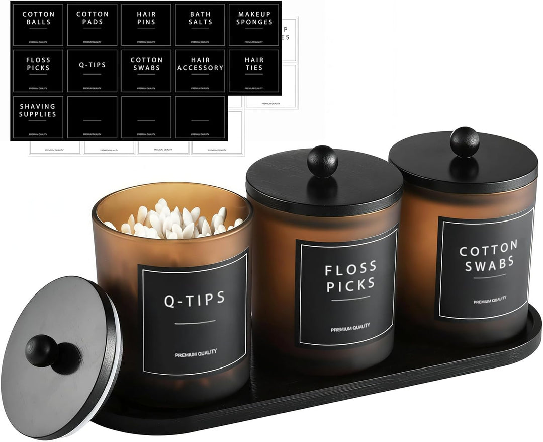 Glas Wattestäbchen Behälter, Schminktisch Badezimmer Organizer Set mit Tablett, Wattepadspender Make