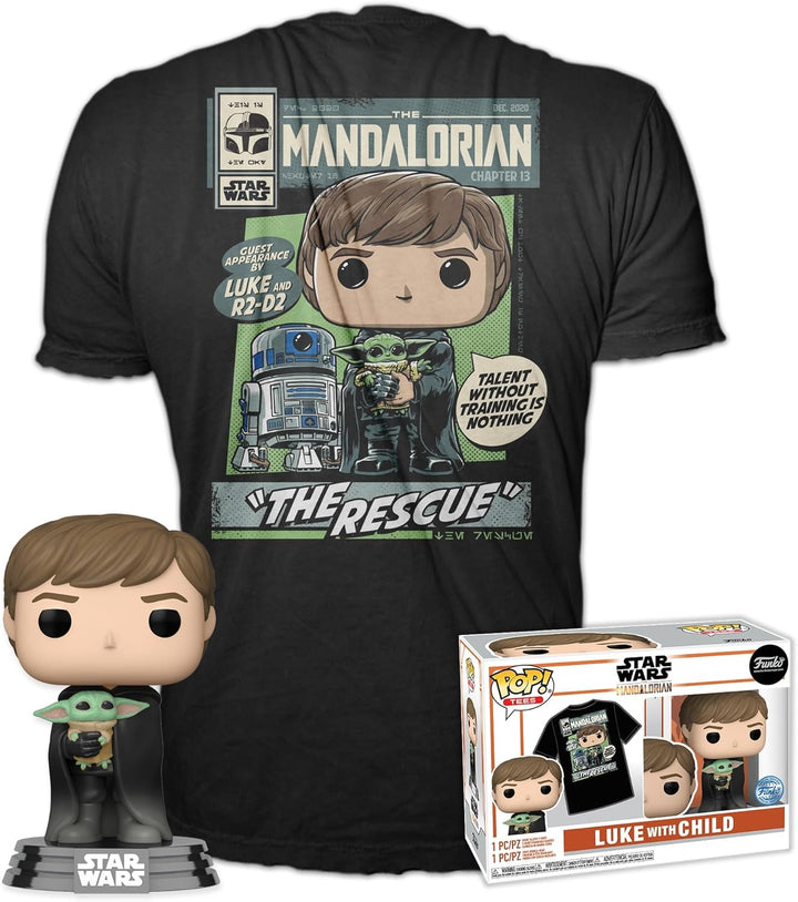 Funko Pop! & Tee: Mandalorian - Luke Skywalker mit Grogu (The Child, Baby Yoda) - Small - (S) - Star