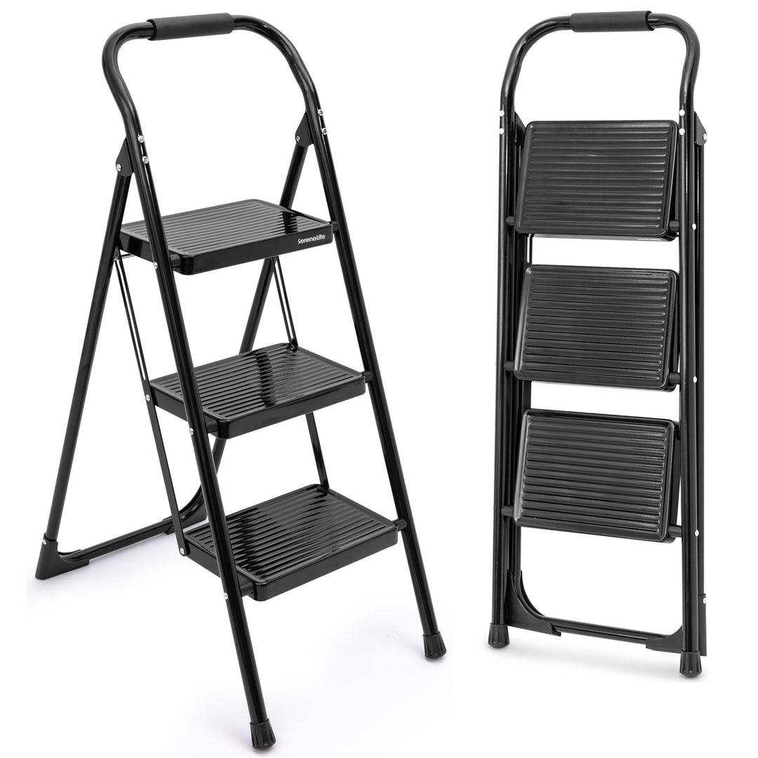 SereneLife Trittleiter 3 Stufen klappbar – Stabiler Tritthocker mit Handlauf, rutschfest, bis 259 kg