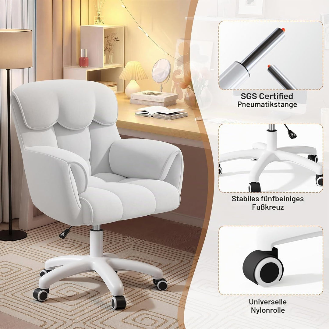 Ergonomischer Bürostuhl Samt 360°Drehen Schminktischstuhl Weiss | Höhenverstellbar,360°Drehfunktion,