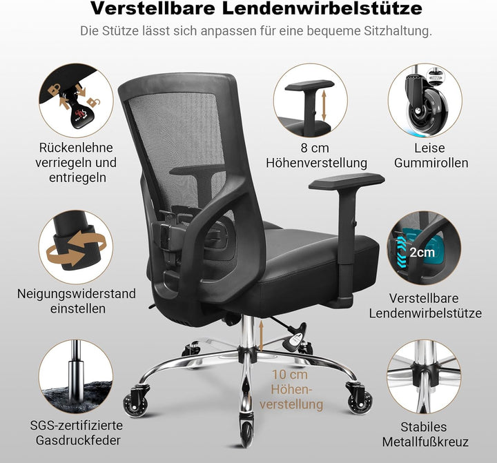 MELOKEA Bürostuhl 200KG XXL [Lendenkissen Inklusive], Schreibtischstuhl | Extrabreites &amp; Extradickes