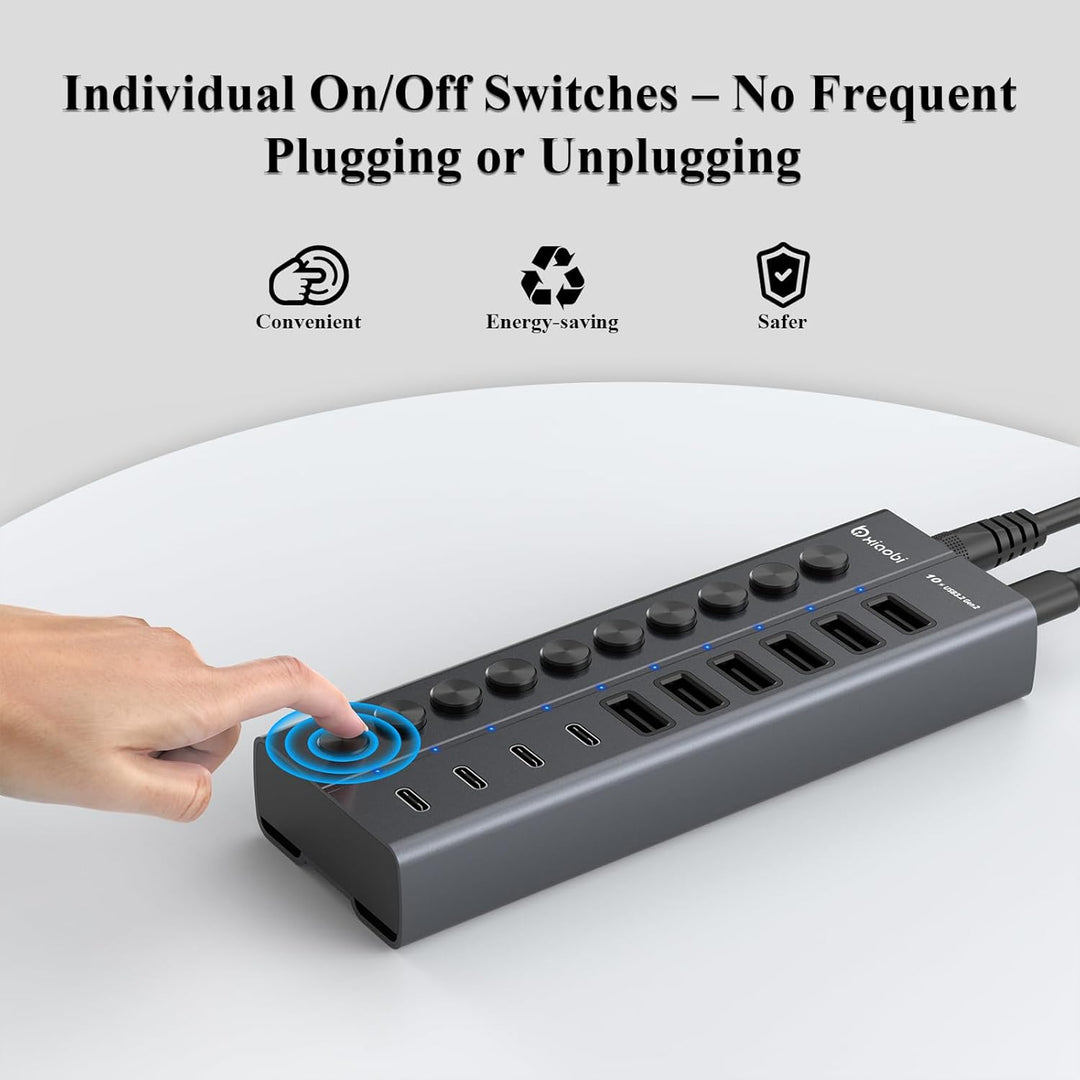 10 Port USB Hub mit Netzteil 60W - 10Gbps USB 3.2 Gen 2 Hub Aktiv aus Aluminium mit 6 USB-A & 4 USB-
