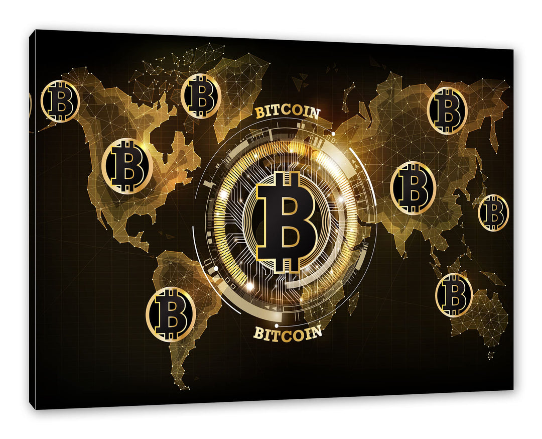 Pixxprint Weltkarte des Bitcoin BTC als Leinwandbild | Grösse: 120x80 cm | Wandbild | Kunstdruck | f
