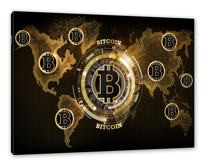 Pixxprint Weltkarte des Bitcoin BTC als Leinwandbild | Grösse: 120x80 cm | Wandbild | Kunstdruck | f