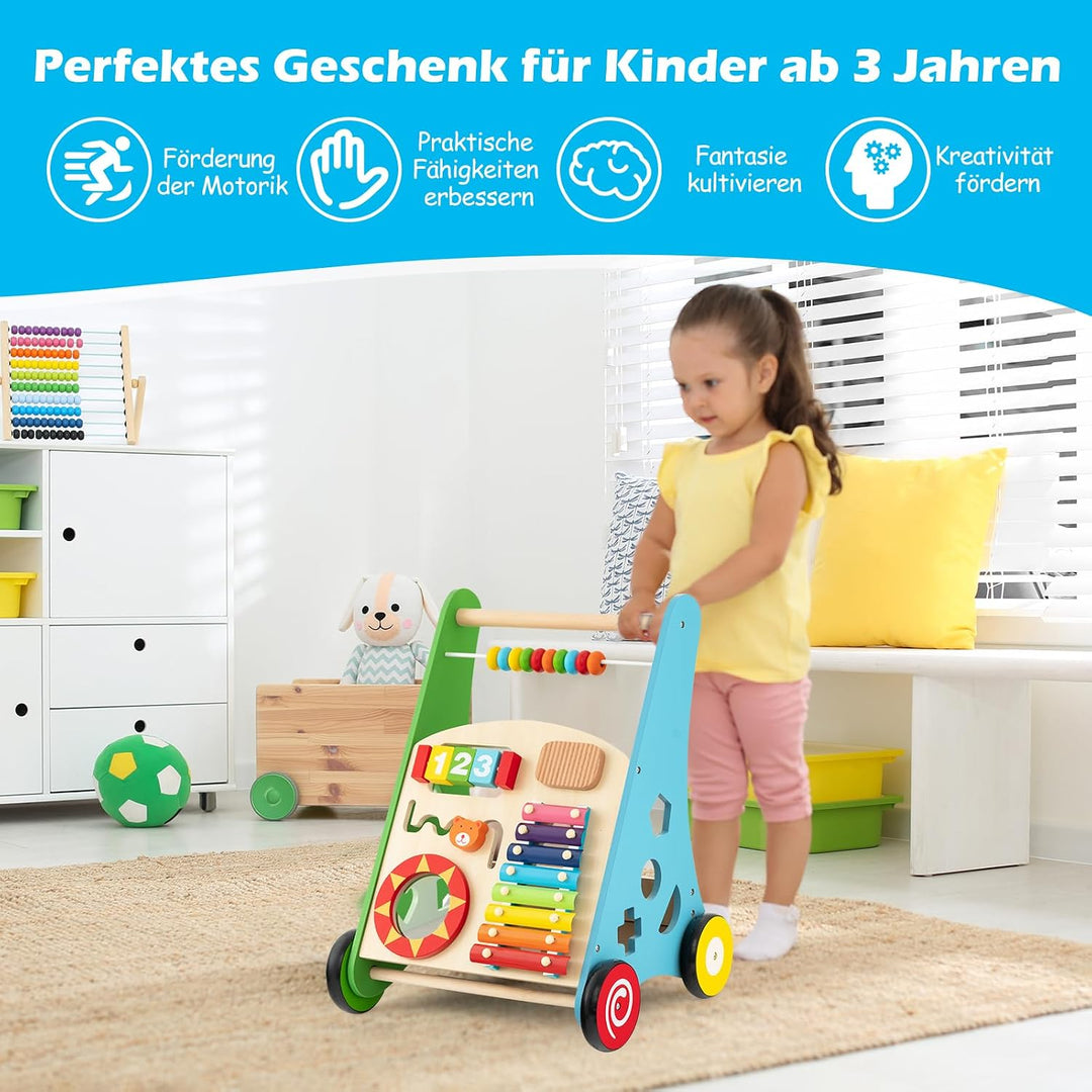 GOPLUS Stabile Lauflernhilfe aus Holz, Multifunktionaler Lauflernwagen mit Mehreren Spieleinstellung
