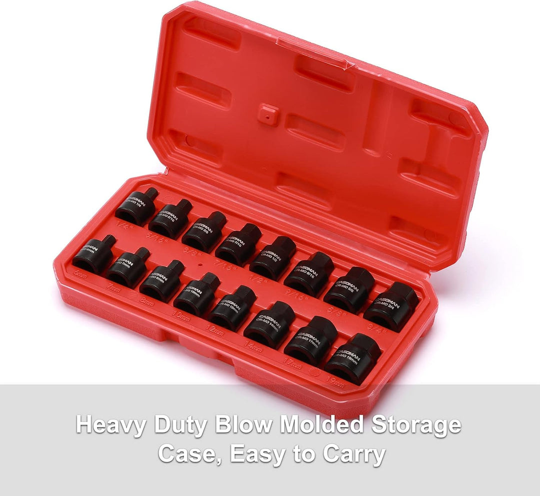 CASOMAN 16 Piece 3/8 Inch Drive Low Profile Impact Hex Driver Set, Cr-Mo, 1/4"-3/4", 6mm-19mm, Impac