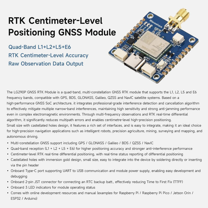 Waveshare LG290P Series Quad-Band GNSS Module, Quad-Band RTK Centimeter-Level Positioning, L1+L2+L5+