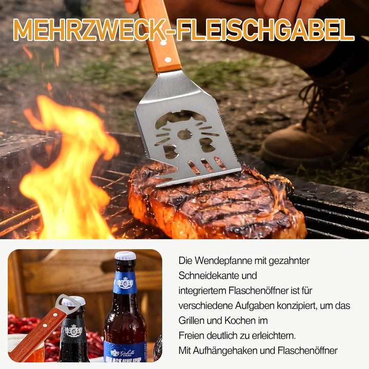 Grillbesteck-Set 3-TLG Aufhänge-Ösen, Grillzubehör mit Grillzange, Grillwender, Fleischgabel, Extra