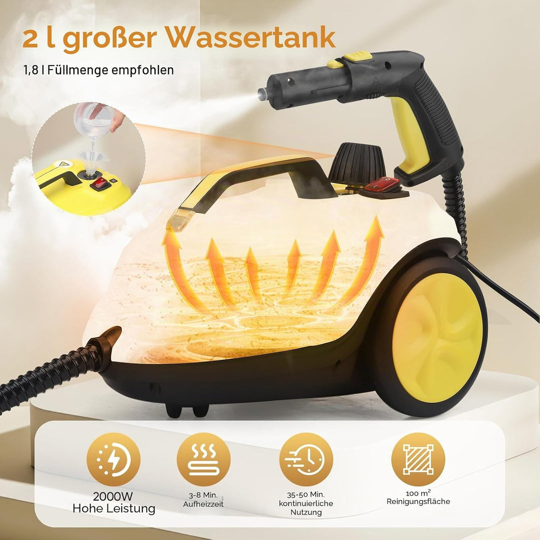 Dampfreiniger 2000W, 320°F Hochtemperatur-Dampf mit 2L Wassertank, Multifunktionaler Handdampfreinig