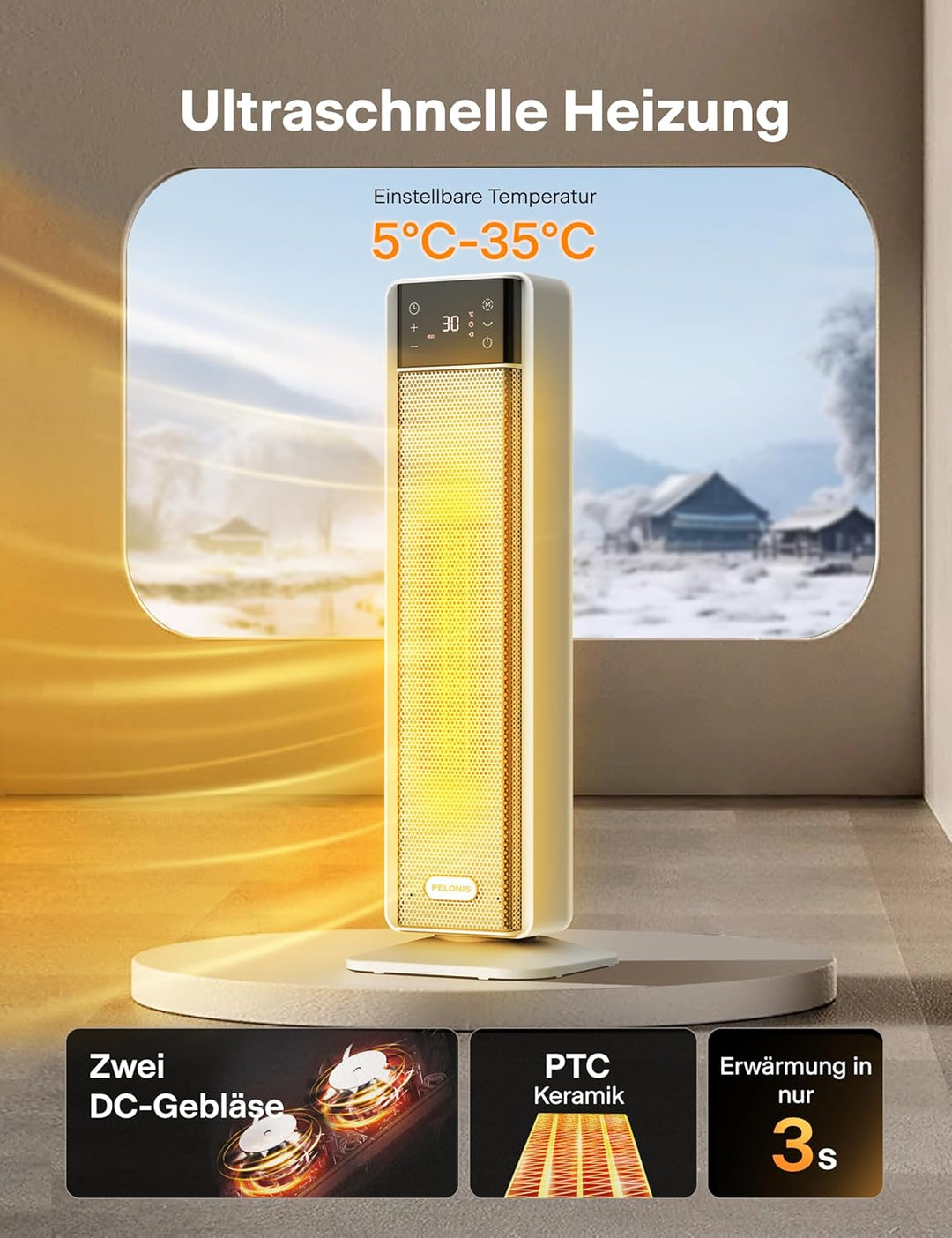 PELONIS Heizlüfter 2000W, Elektroheizung mit Thermostat und Fernbedienung, 75° Oszillation & 24-Stun