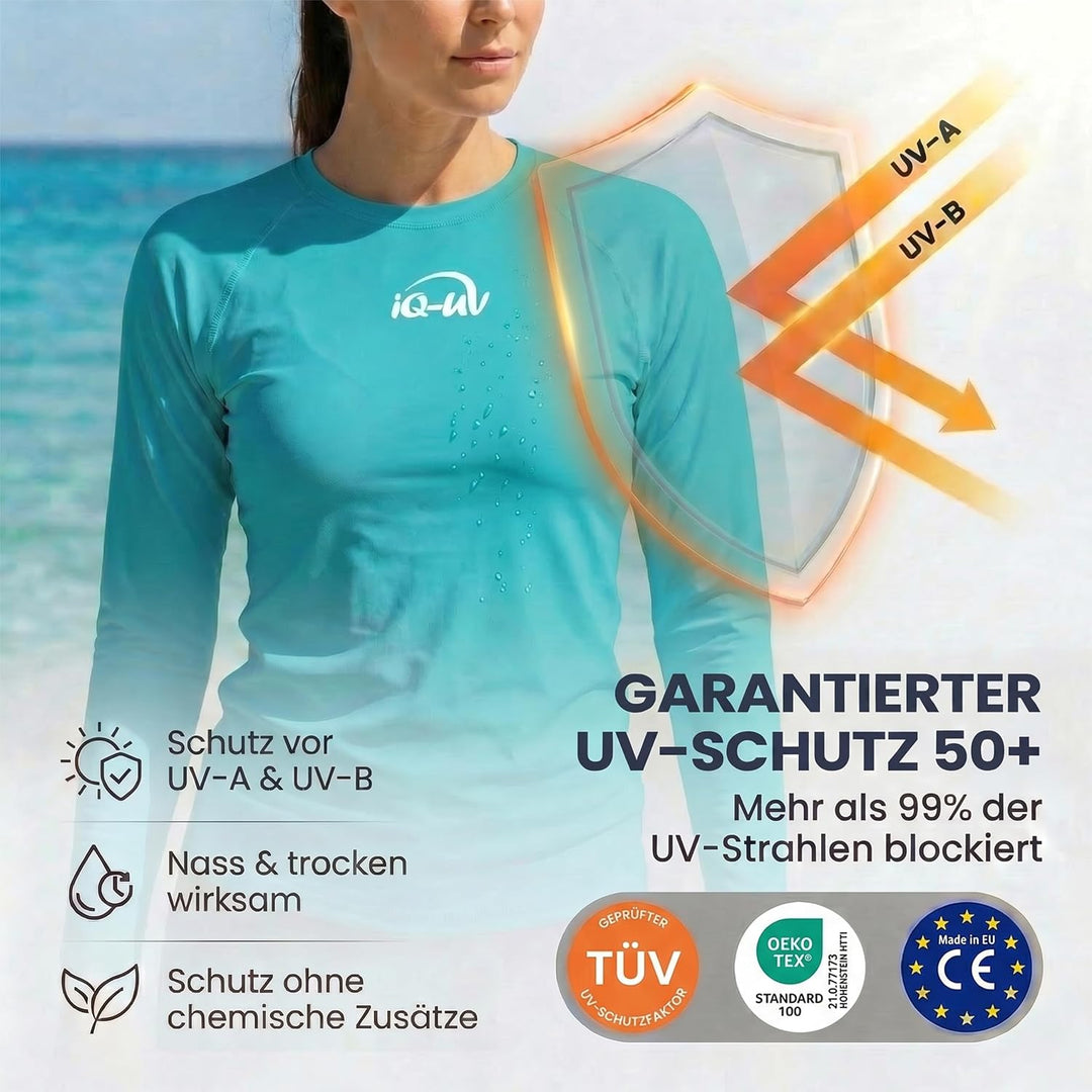 iQ-UV Sportshirt Damen Langarm – Elastisches UV Shirt für Damen für Wasser & Sport – Rash Guard mit