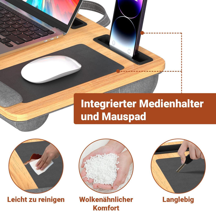 Laptoptisch mit Mauspad, Handgelenkauflage & Handyhalter Laptopkissen für Bett und Sofa Passend für
