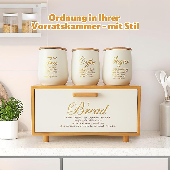Brotkasten aus Bambus mit 3 Vorratsdosen aus Eisen – Küchen-Aufbewahrungsset mit „Sugar“, „Tea“, „Co