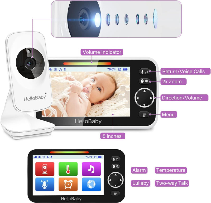 Babyphone mit Kamera und Audio HelloBaby Babyfon Video Baby Monitor 5" Grosser LCD Bildschirm & Fern