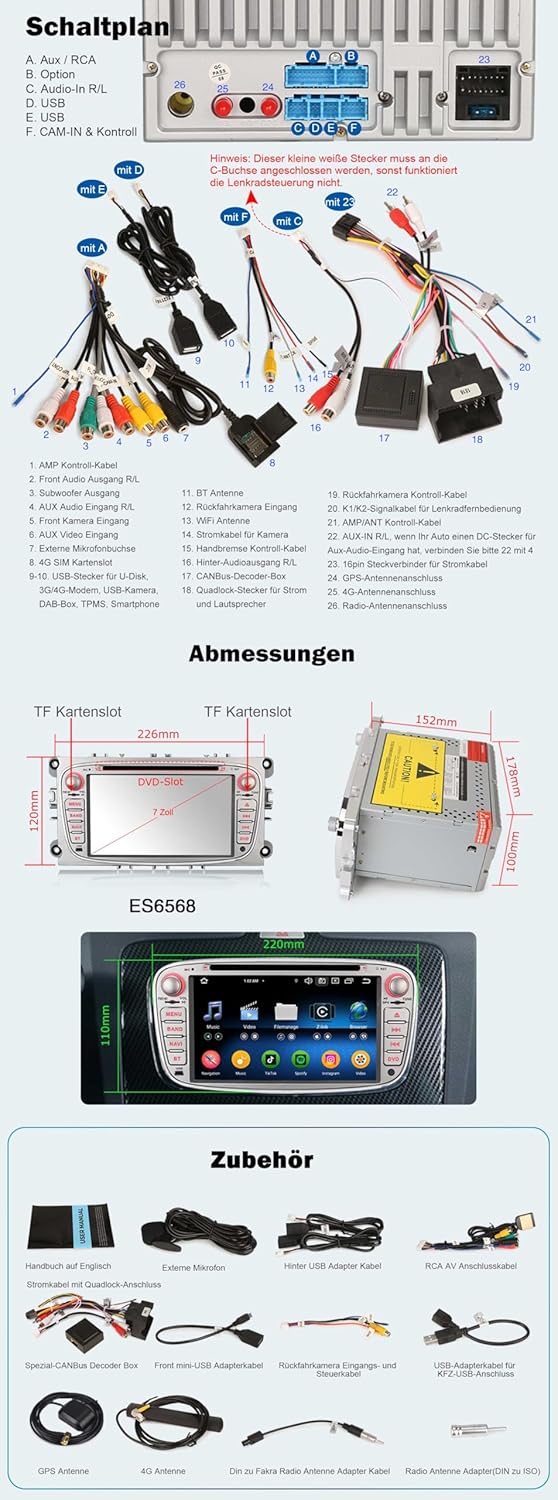 Erisin 8-Kern 4GB+64GB Android 14 Bluetooth Autoradio GPS Navi für Ford Focus Mondeo S-Max C-Max Gal