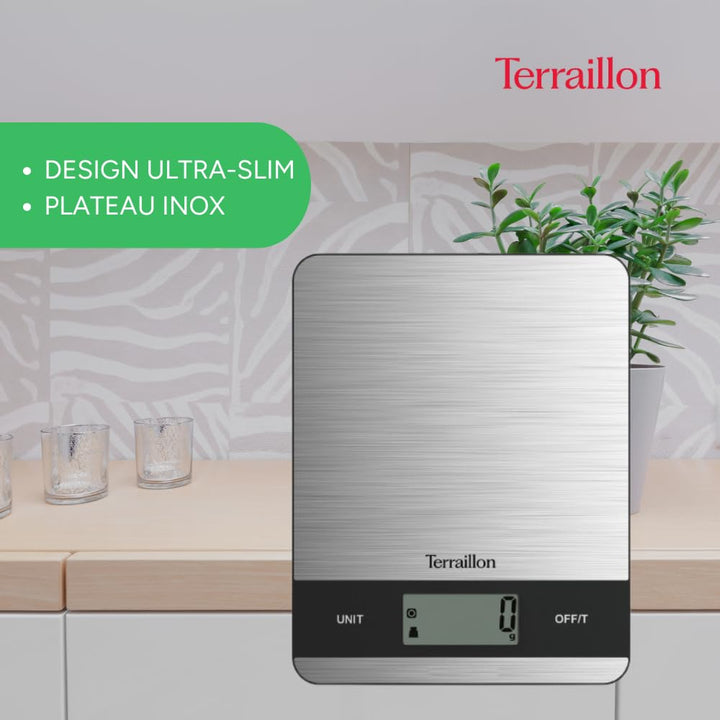 TERRAILLON - SLIM STEEL – Elektronische Küchenwaage, grosses LCD-Display, Edelstahlplatte, ultradünn