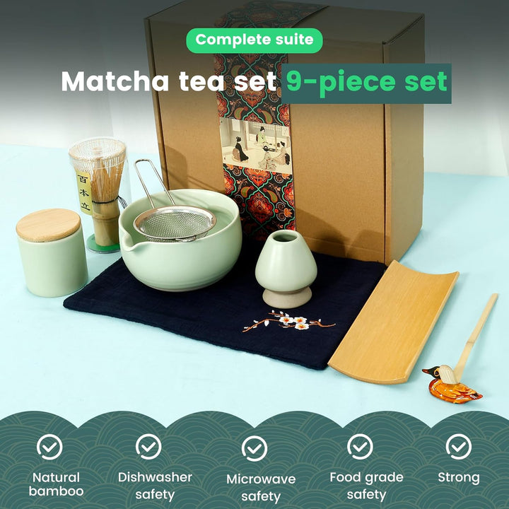 Matcha Set,9 Stück Matcha Schneebesen Set,Matcha Tee set mit Teelöffel,Besenhalter,Löffelhalter,Matc