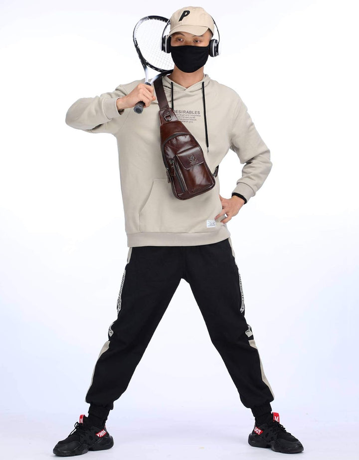 BULLCAPTAIN Herren-Umhängetasche, Leder, Schultertasche, lässiger Tagesrucksack, Brusttaschen für Re