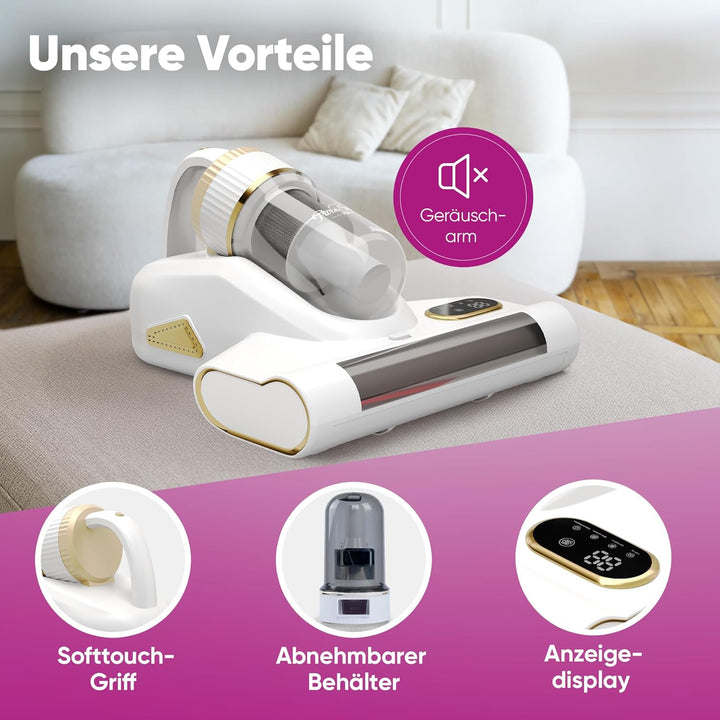 Milbensauger für Matratzen UV-Licht 99,9% Milbenentfernung 10.000Pa Kabellos, 3500 mAh Akku, Warmluf