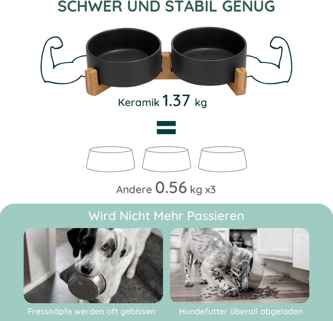 SPUNKYJUNKY Hundenapf Keramik Doppel Hund Futternapf mit Bambus Ständer für Katzen und Hunde (400ml,