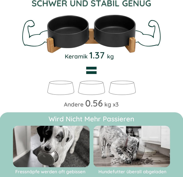 SPUNKYJUNKY Hundenapf Keramik Doppel Hund Futternapf mit Bambus Ständer für Katzen und Hunde (400ml,