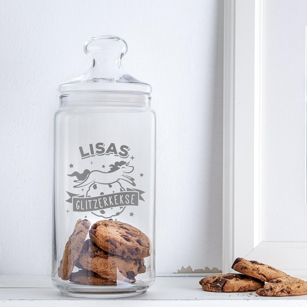Keksglas mit Gravur, Einhorn Glas mit Motiv Glitzerkekse, Personalisiert mit Name, Aufbewahrungsglas