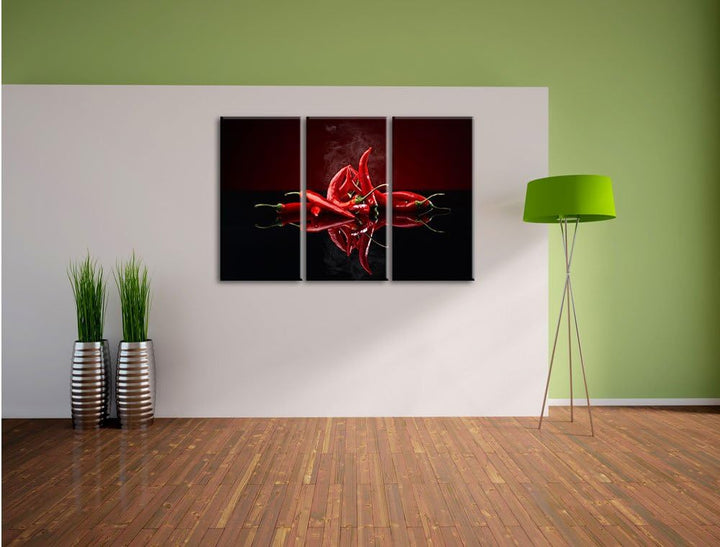 Pixxprint Feurige rote Chili Schoten als Leinwandbild | Grösse: 3 Teilig (120x80) | Wandbild| Kunstd