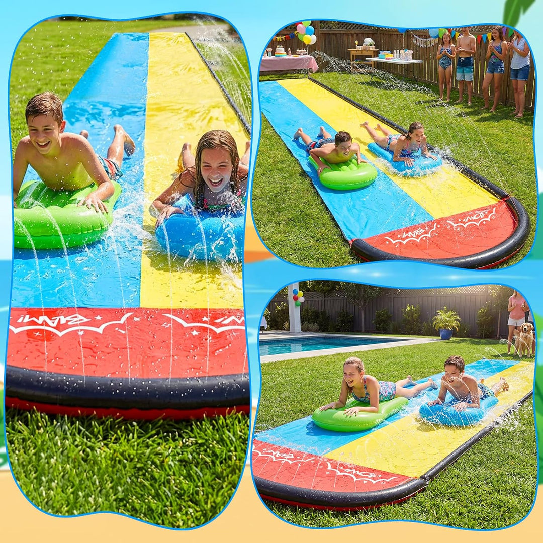Mineup 480 x 140cm Wasserrutsche Garten, Wasserrutschmatte mit 2 Bodyboards, Doppelrutsche mit Einge