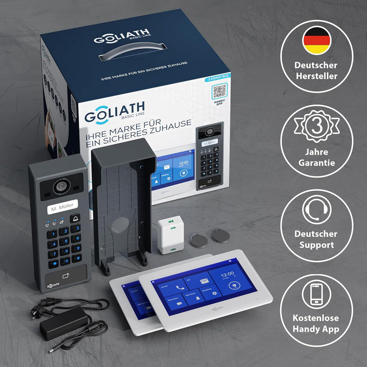 GOLIATH Basic 2-Draht Bus Video-Türsprechanlage, Full-HD, App-Steuerung, 2X 7 Zoll Monitore in Weiss