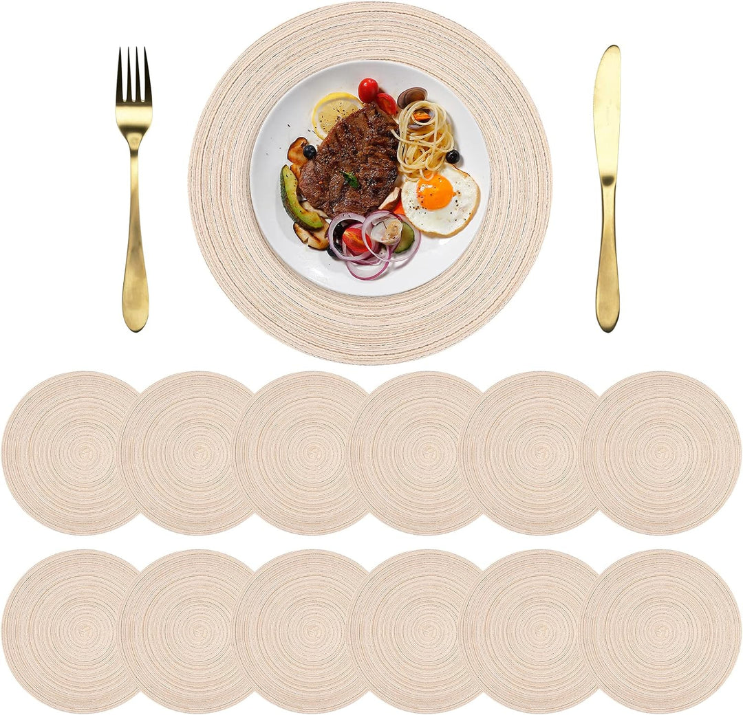 Platzsets Rund Beige Geflochten Tischsets 12er Set Hitzebeständigem Tisch Tischsets Waschbar für Küc