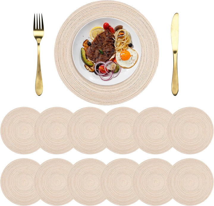 Platzsets Rund Beige Geflochten Tischsets 12er Set Hitzebeständigem Tisch Tischsets Waschbar für Küc