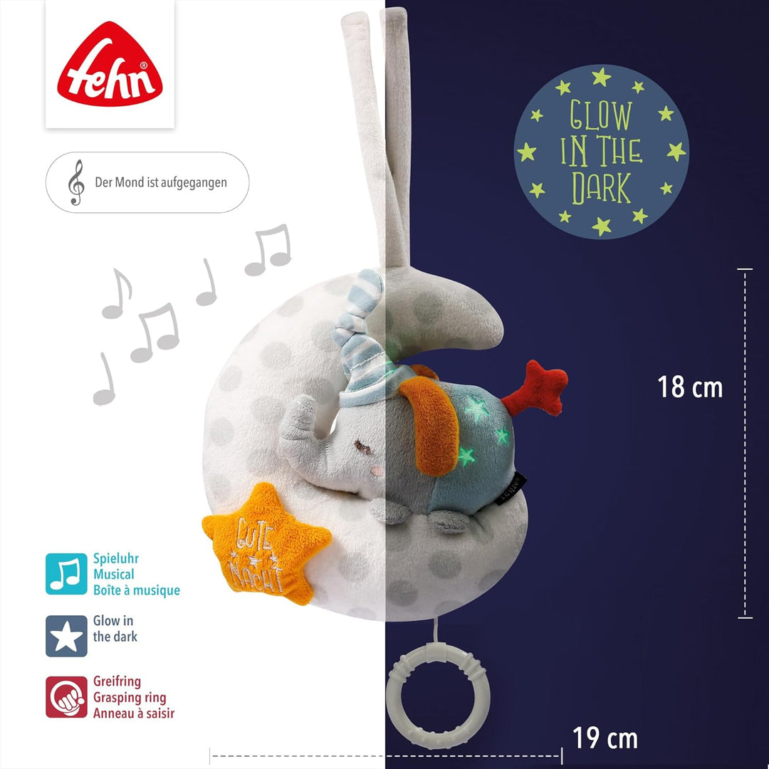 Fehn Spieluhr Baby Elefant im Mond - "Glow-in-the-dark" Bestickung mit der Melodie "Der Mond ist auf