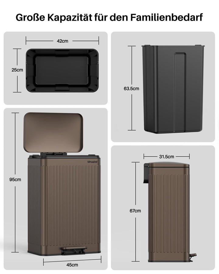 lovewind 60L Mülleimer Küche Edelstahl Braun,Pedal-Behälter mit Soft-Close Deckel,2 herausnehmbare E