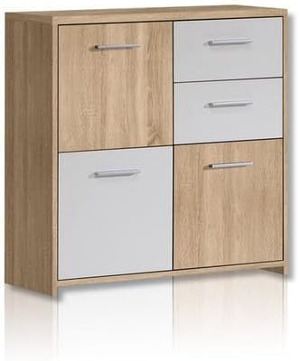 FORTE Quadro Kommode mit 3 Türen und 2 Schubladen, Holzwerkstoff, Sonoma Eiche / Weiss, 77.2 x 29.6