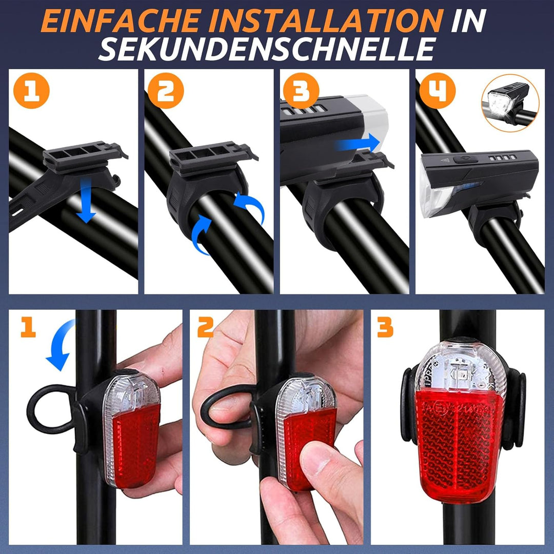 Fahrrad Licht Set Powerful USB, Fahrradlampe Vorne und Hinten Rechargeable, Wasserdicht IPX6, Kabell