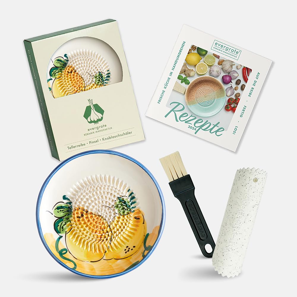 Evergrate® Keramikreibe Melissa mit Geschenkbox – mit Reibe, Knoblauchschäler, Rezeptheft & Pinsel –